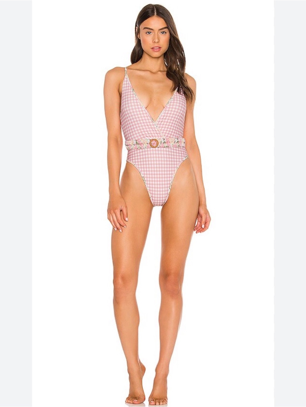 Tularosa Women's High Cut Pink Floral Gingham One Piece Swimsuit Sz Large